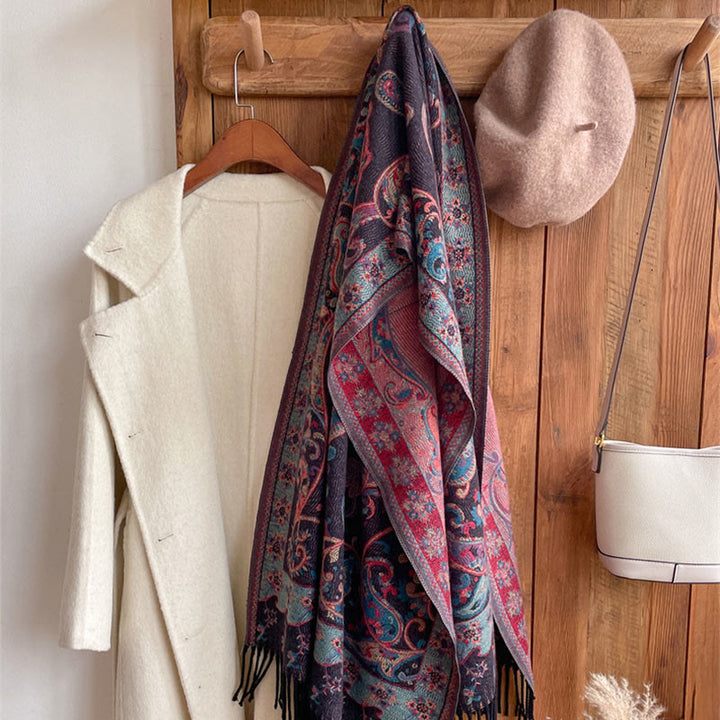 Chal de borlas con flores de anacardo tibetanas y Buddha Stones para otoño e invierno, bufanda de viaje acogedora