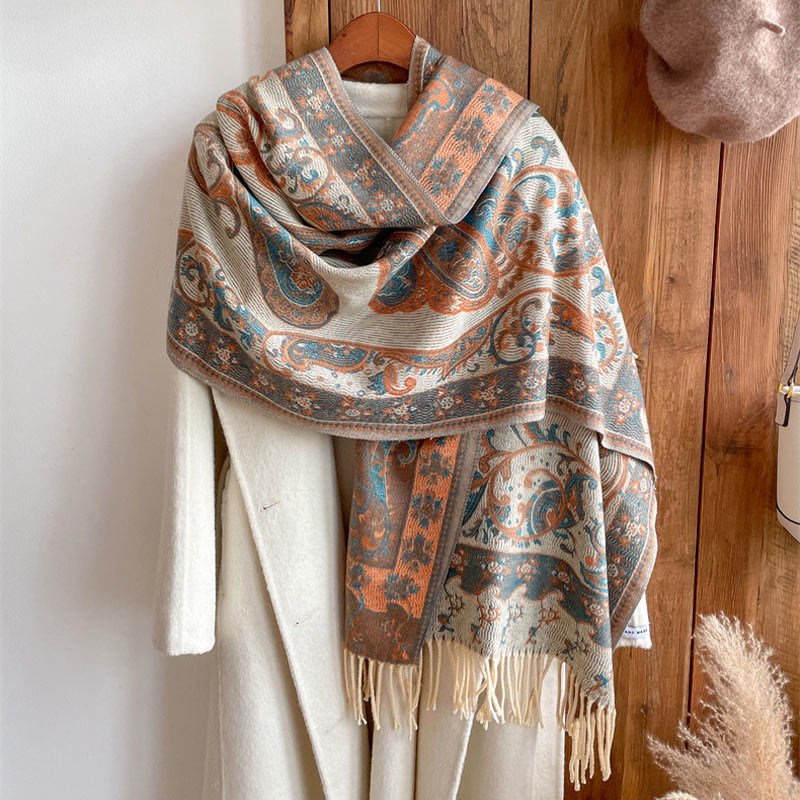 Chal de borlas con flores de anacardo tibetanas y Buddha Stones para otoño e invierno, bufanda de viaje acogedora