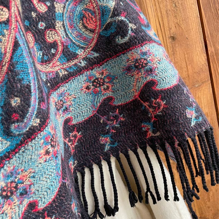 Chal de borlas con flores de anacardo tibetanas y Buddha Stones para otoño e invierno, bufanda de viaje acogedora