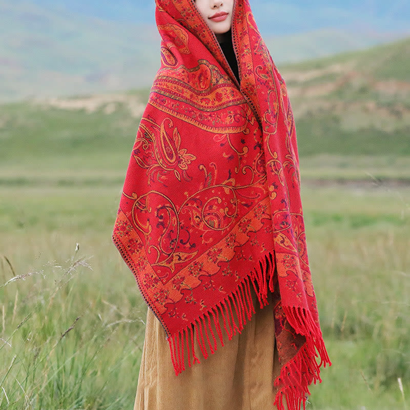 Chal de borlas con flores de anacardo tibetanas y Buddha Stones para otoño e invierno, bufanda de viaje acogedora