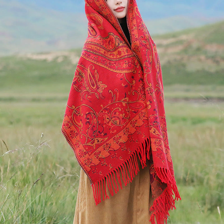 Chal de borlas con flores de anacardo tibetanas y Buddha Stones para otoño e invierno, bufanda de viaje acogedora