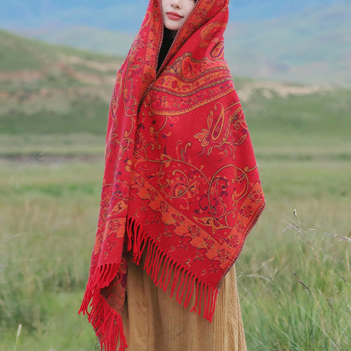 Chal de borlas con flores de anacardo tibetanas y Buddha Stones para otoño e invierno, bufanda de viaje acogedora