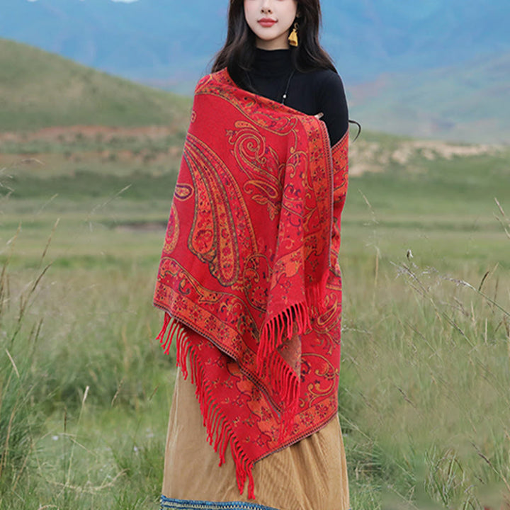 Chal de borlas con flores de anacardo tibetanas y Buddha Stones para otoño e invierno, bufanda de viaje acogedora