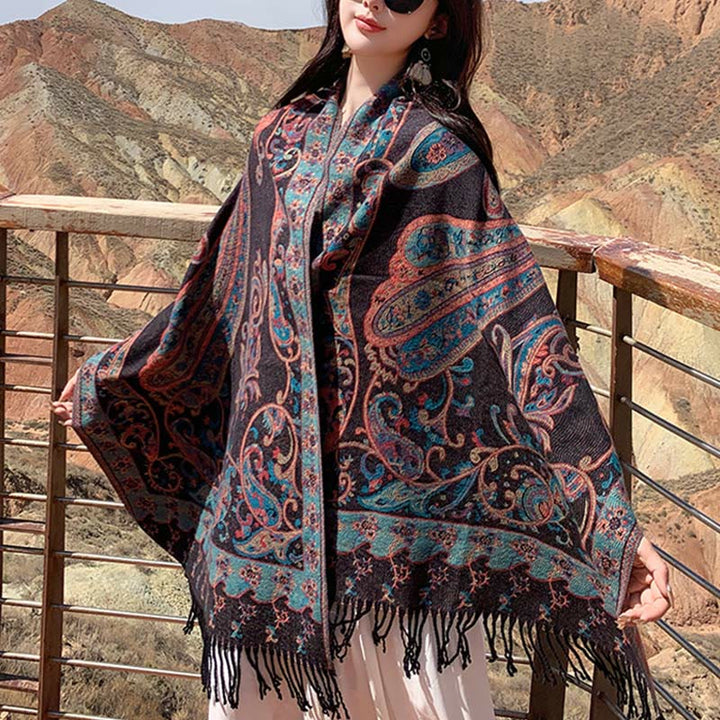 Chal de borlas con flores de anacardo tibetanas y Buddha Stones para otoño e invierno, bufanda de viaje acogedora