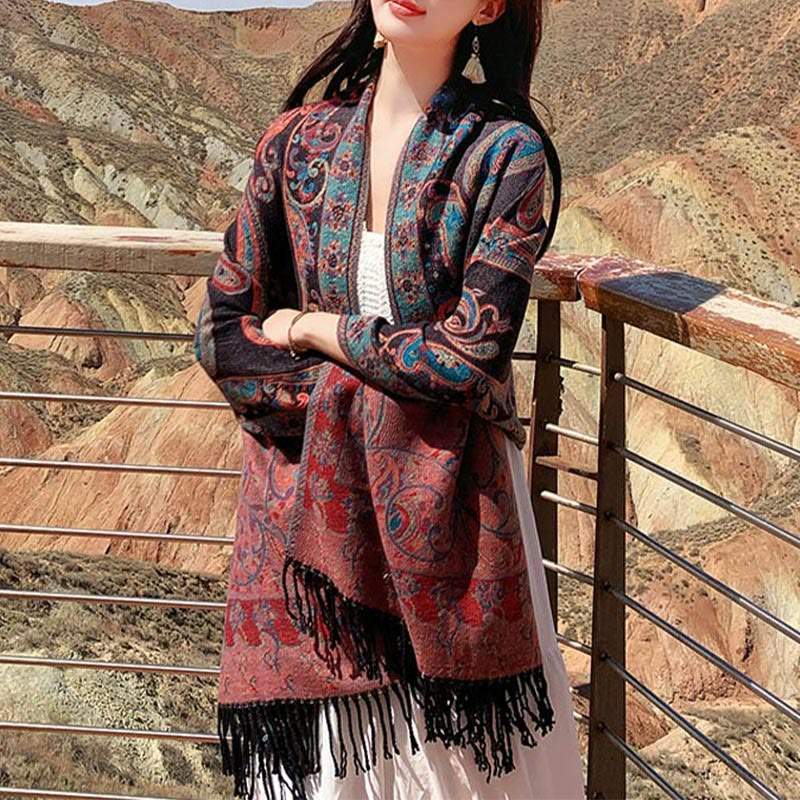 Chal de borlas con flores de anacardo tibetanas y Buddha Stones para otoño e invierno, bufanda de viaje acogedora