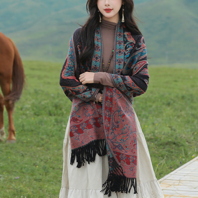 Chal de borlas con flores de anacardo tibetanas y Buddha Stones para otoño e invierno, bufanda de viaje acogedora