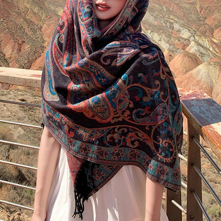 Chal de borlas con flores de anacardo tibetanas y Buddha Stones para otoño e invierno, bufanda de viaje acogedora