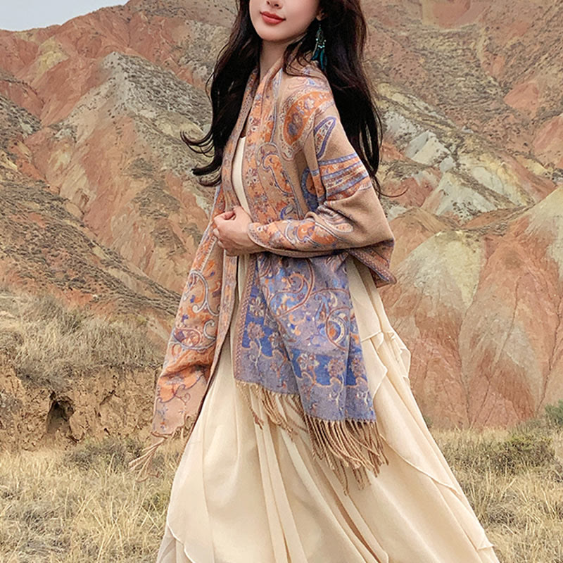 Chal de borlas con flores de anacardo tibetanas y Buddha Stones para otoño e invierno, bufanda de viaje acogedora