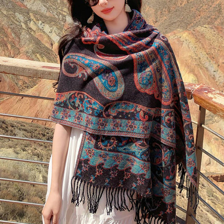 Chal de borlas con flores de anacardo tibetanas y Buddha Stones para otoño e invierno, bufanda de viaje acogedora