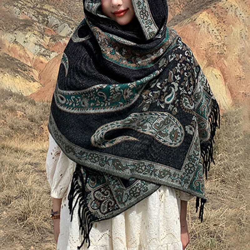 Chal de borlas con flores de anacardo tibetanas y Buddha Stones para otoño e invierno, bufanda de viaje acogedora