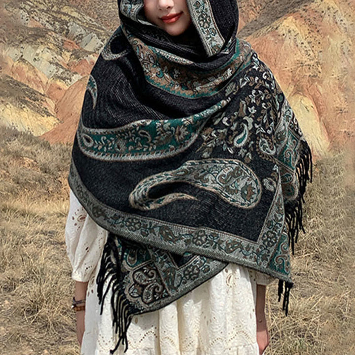 Chal de borlas con flores de anacardo tibetanas y Buddha Stones para otoño e invierno, bufanda de viaje acogedora