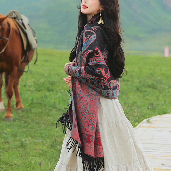 Chal de borlas con flores de anacardo tibetanas y Buddha Stones para otoño e invierno, bufanda de viaje acogedora