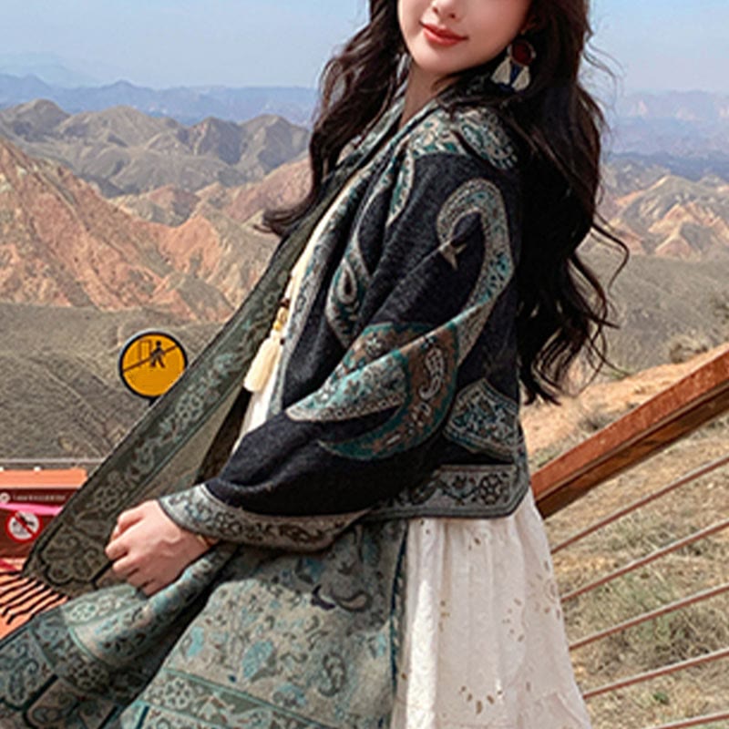 Chal de borlas con flores de anacardo tibetanas y Buddha Stones para otoño e invierno, bufanda de viaje acogedora