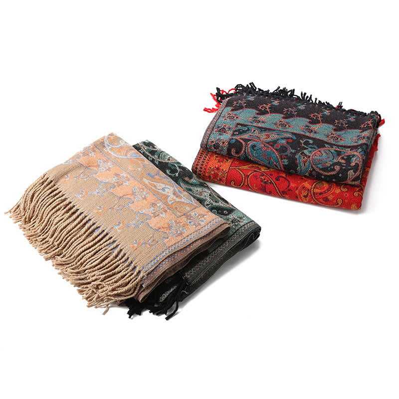 Chal de borlas con flores de anacardo tibetanas y Buddha Stones para otoño e invierno, bufanda de viaje acogedora