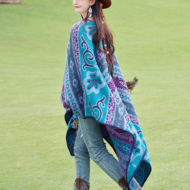 Chal cálido y suave con diseño de flores y rayas horizontales geométricas tibetanas con Buddha Stones para otoño e invierno