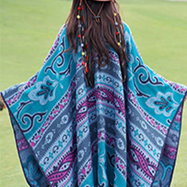 Chal cálido y suave con diseño de flores y rayas horizontales geométricas tibetanas con Buddha Stones para otoño e invierno