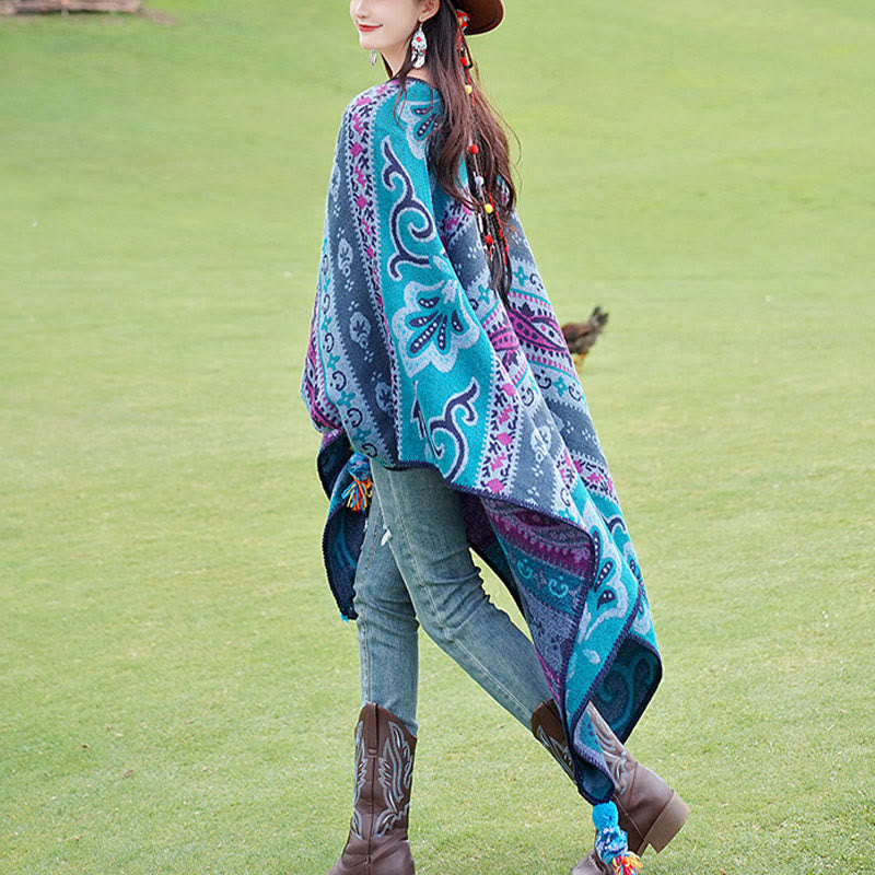 Chal cálido y suave con diseño de flores y rayas horizontales geométricas tibetanas con Buddha Stones para otoño e invierno