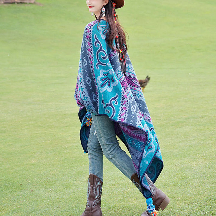 Chal cálido y suave con diseño de flores y rayas horizontales geométricas tibetanas con Buddha Stones para otoño e invierno