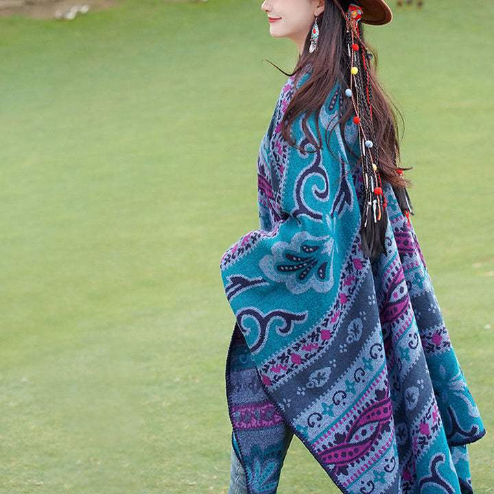 Chal cálido y suave con diseño de flores y rayas horizontales geométricas tibetanas con Buddha Stones para otoño e invierno