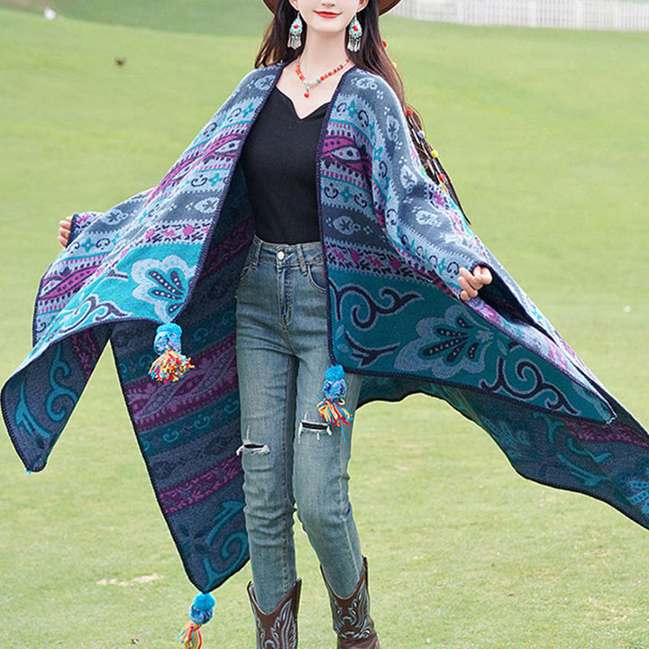 Chal cálido y suave con diseño de flores y rayas horizontales geométricas tibetanas con Buddha Stones para otoño e invierno