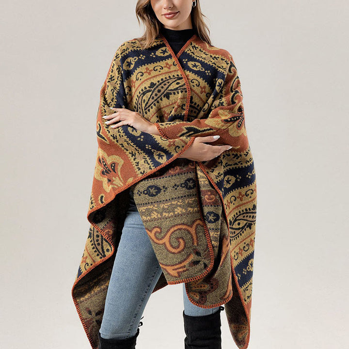 Chal cálido y suave con diseño de flores y rayas horizontales geométricas tibetanas con Buddha Stones para otoño e invierno