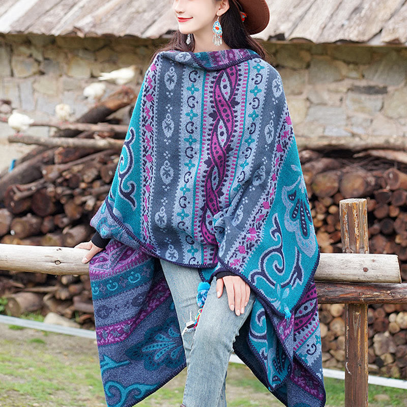 Chal cálido y suave con diseño de flores y rayas horizontales geométricas tibetanas con Buddha Stones para otoño e invierno