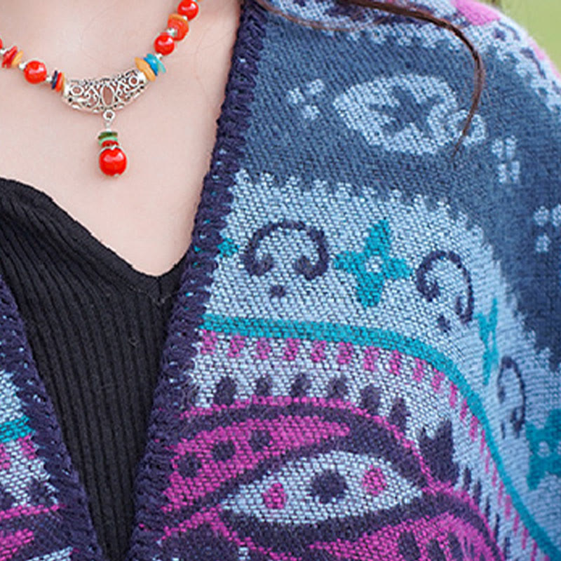 Chal cálido y suave con diseño de flores y rayas horizontales geométricas tibetanas con Buddha Stones para otoño e invierno