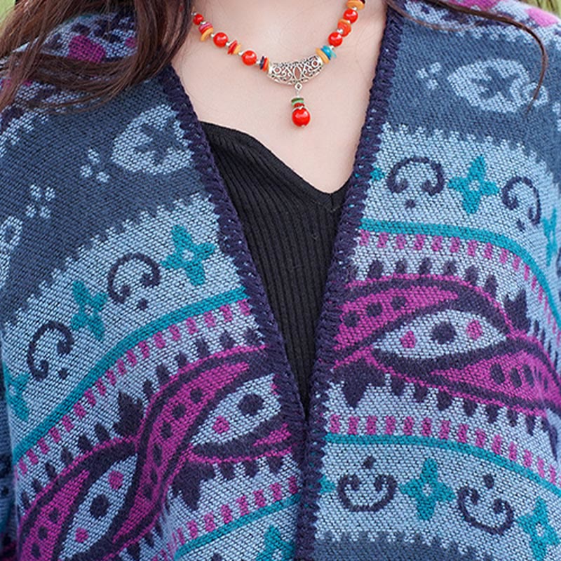 Chal cálido y suave con diseño de flores y rayas horizontales geométricas tibetanas con Buddha Stones para otoño e invierno