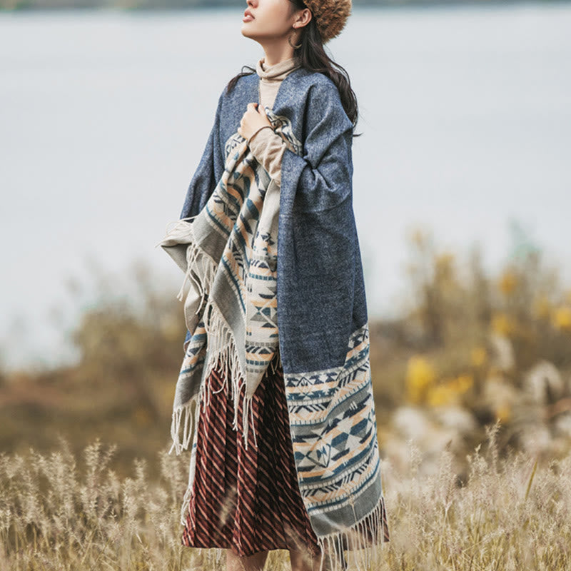 Chal con borlas y diseño geométrico de rombos tibetanos con Buddha Stones para otoño e invierno, cálido y acogedor