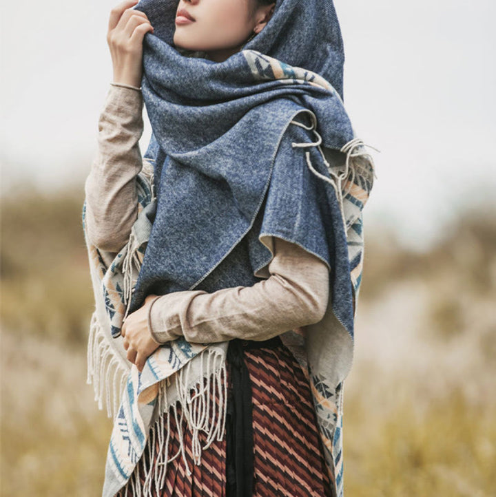 Chal con borlas y diseño geométrico de rombos tibetanos con Buddha Stones para otoño e invierno, cálido y acogedor