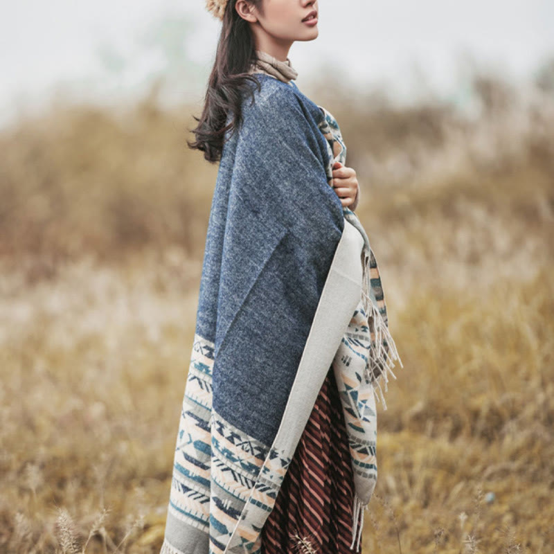 Chal con borlas y diseño geométrico de rombos tibetanos con Buddha Stones para otoño e invierno, cálido y acogedor