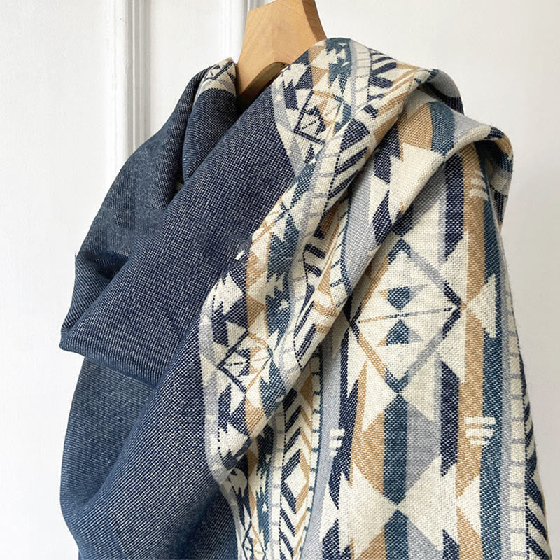 Chal con borlas y diseño geométrico de rombos tibetanos con Buddha Stones para otoño e invierno, cálido y acogedor