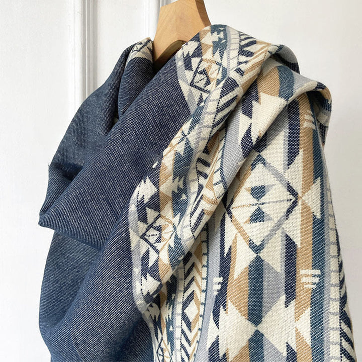 Chal con borlas y diseño geométrico de rombos tibetanos con Buddha Stones para otoño e invierno, cálido y acogedor