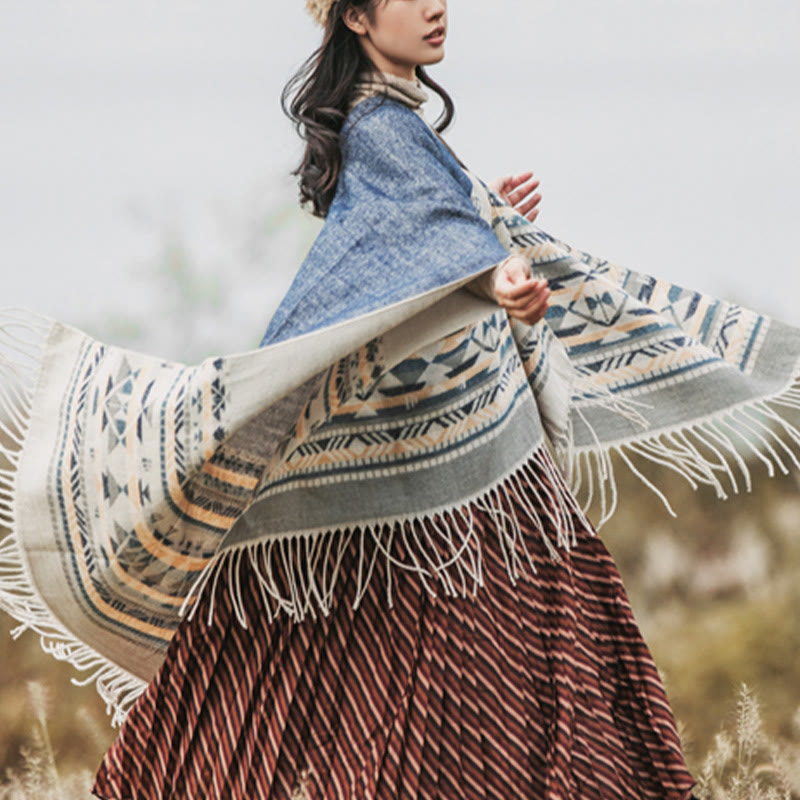 Chal con borlas y diseño geométrico de rombos tibetanos con Buddha Stones para otoño e invierno, cálido y acogedor