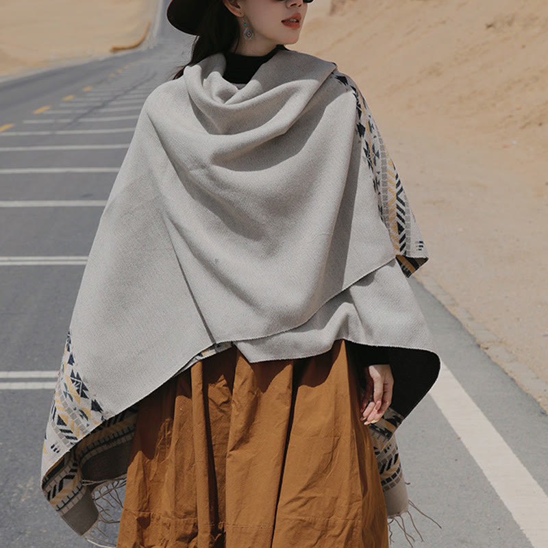 Chal con borlas y diseño geométrico de rombos tibetanos con Buddha Stones para otoño e invierno, cálido y acogedor