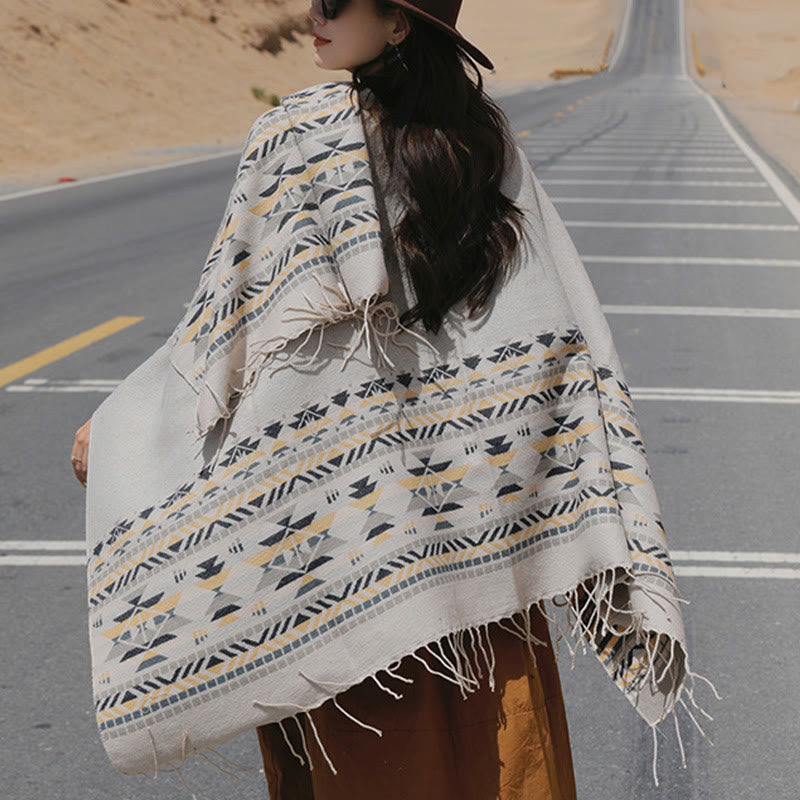 Chal con borlas y diseño geométrico de rombos tibetanos con Buddha Stones para otoño e invierno, cálido y acogedor