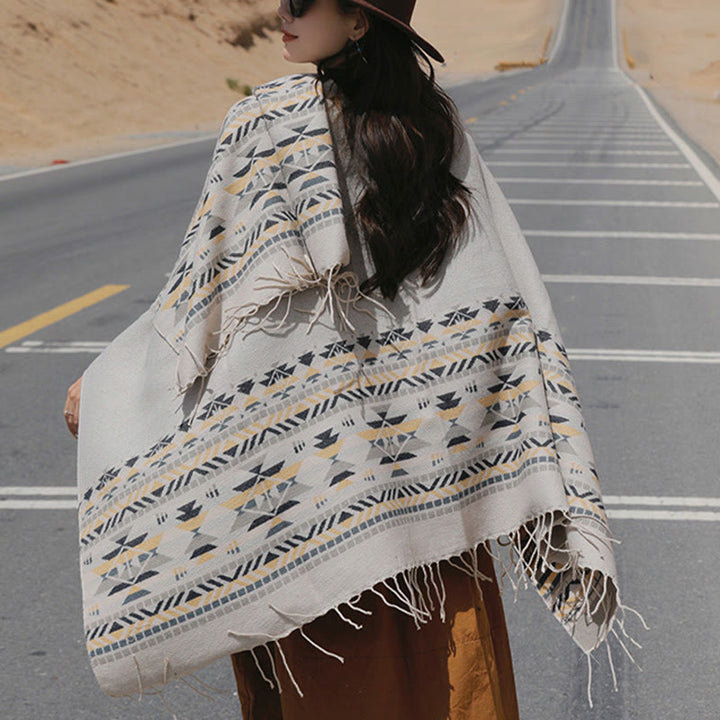 Chal con borlas y diseño geométrico de rombos tibetanos con Buddha Stones para otoño e invierno, cálido y acogedor