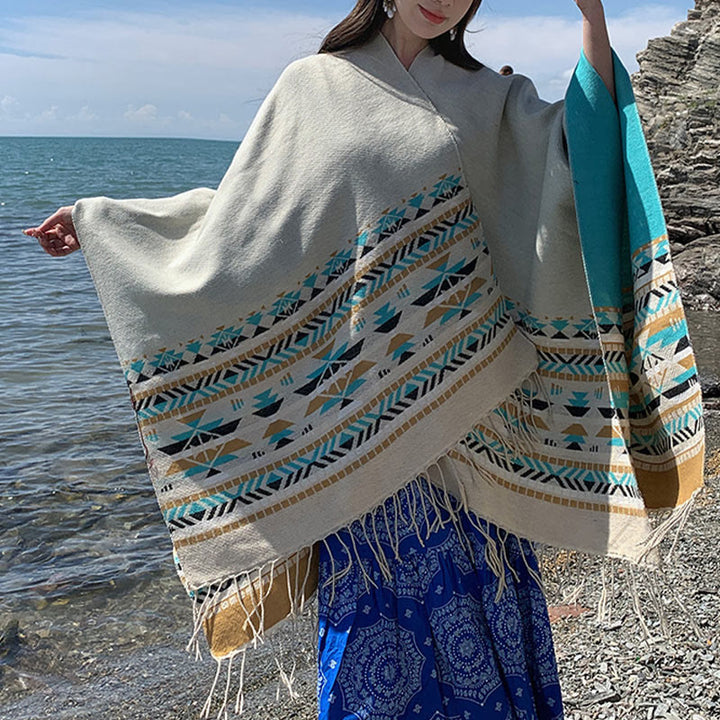 Chal con borlas y diseño geométrico de rombos tibetanos con Buddha Stones para otoño e invierno, cálido y acogedor