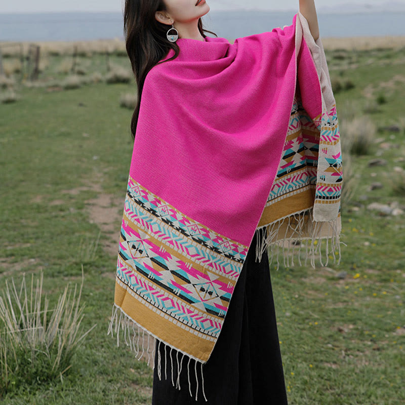 Chal con borlas y diseño geométrico de rombos tibetanos con Buddha Stones para otoño e invierno, cálido y acogedor