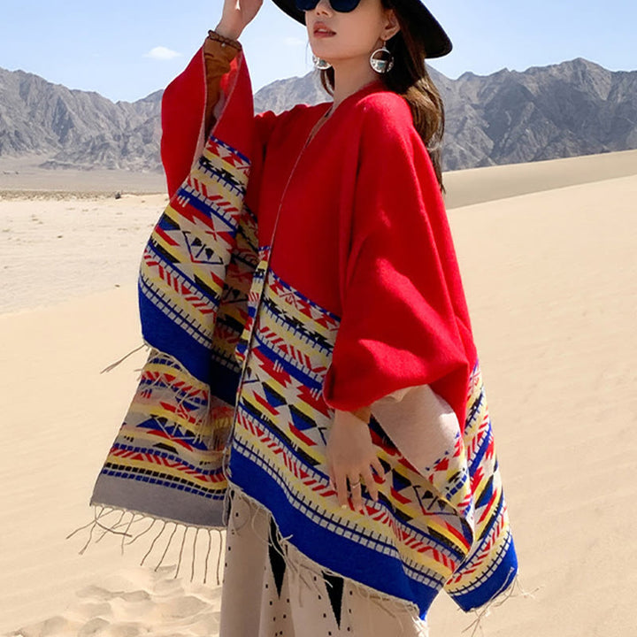 Chal con borlas y diseño geométrico de rombos tibetanos con Buddha Stones para otoño e invierno, cálido y acogedor