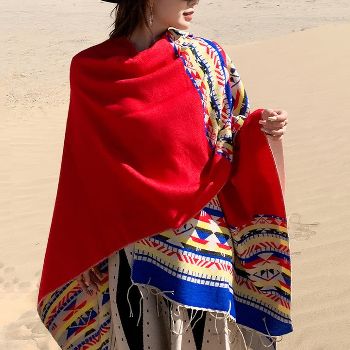 Chal con borlas y diseño geométrico de rombos tibetanos con Buddha Stones para otoño e invierno, cálido y acogedor