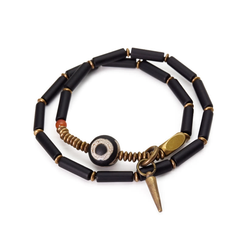 Pulsera protectora de doble vuelta con colgante de cono de cuentas Dzi de cobre y ónix negro y Buddha Stones