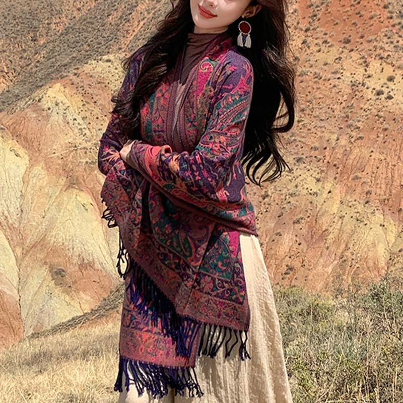 Chal de borlas con diseño de flores de anacardo tibetanas y Buddha Stones para otoño e invierno, bufanda suave