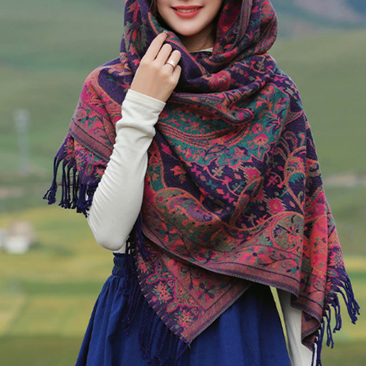 Chal de borlas con diseño de flores de anacardo tibetanas y Buddha Stones para otoño e invierno, bufanda suave