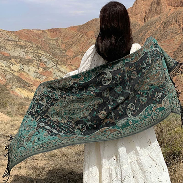 Chal de borlas con diseño de flores de anacardo tibetanas y Buddha Stones para otoño e invierno, bufanda suave