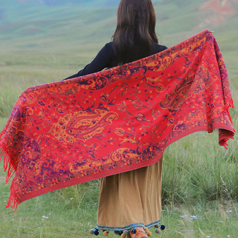 Chal de borlas con diseño de flores de anacardo tibetanas y Buddha Stones para otoño e invierno, bufanda suave