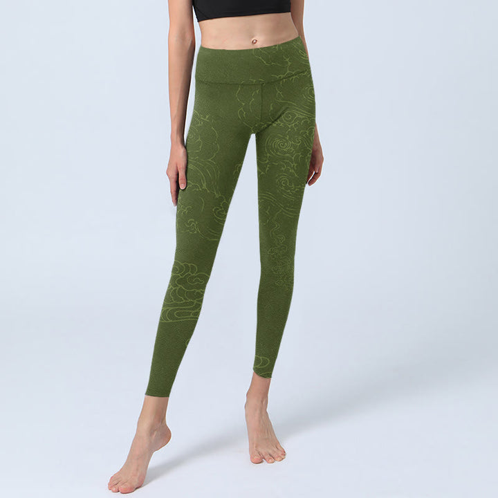 Leggings de yoga para mujer con estampado de ondas de nubes auspiciosas y Buddha Stones en color verde - image 6