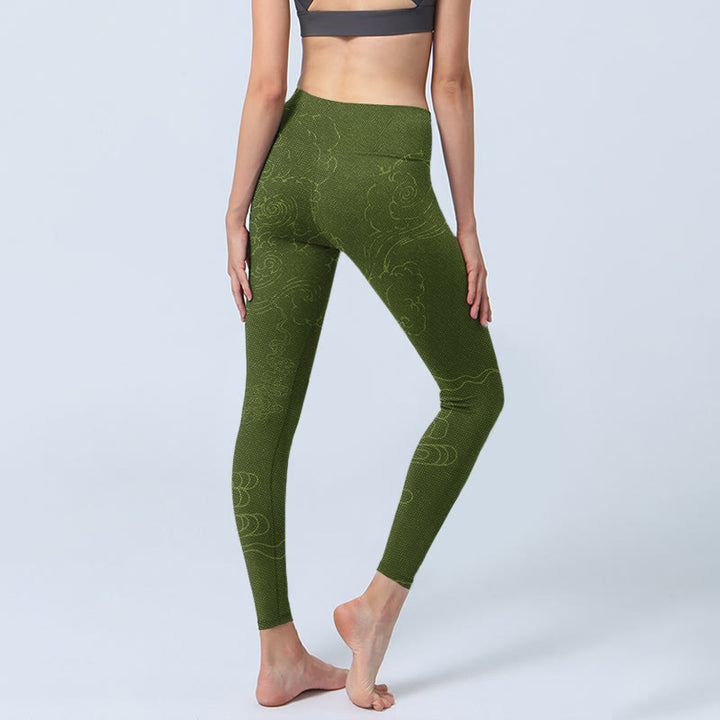 Leggings de yoga para mujer con estampado de ondas de nubes auspiciosas y Buddha Stones en color verde - image 5