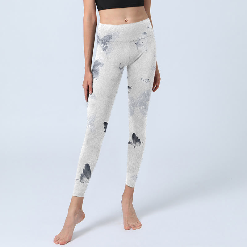 Leggings deportivos con estampado de mariposas blancas y grises con Buddha Stones para mujer - image 6