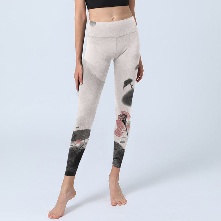 Pantalones de yoga para mujer con estampado de hojas y flores de loto y pintura en tinta de Buddha Stones - image 6